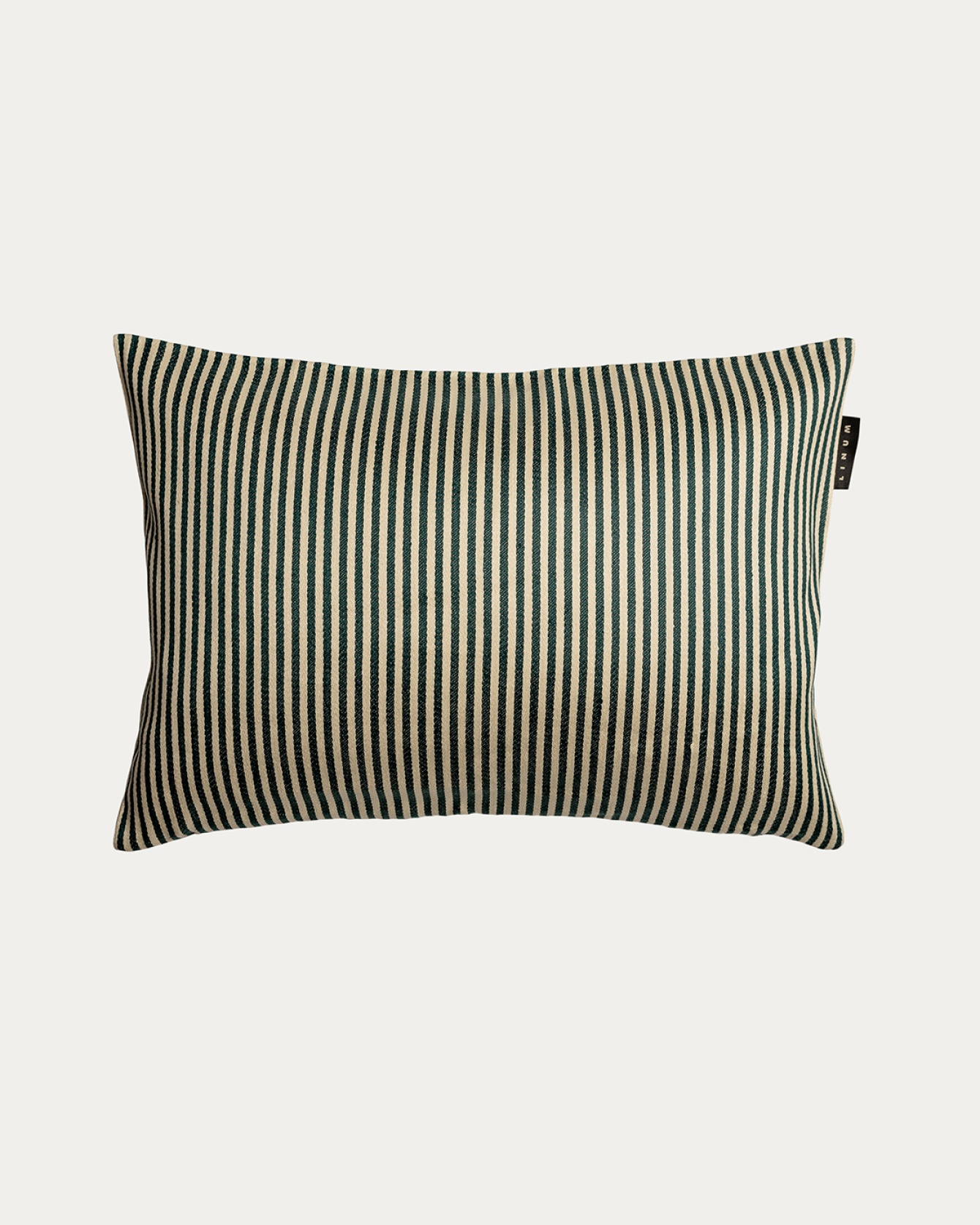 Product image deep emerald green CALCIO cushion cover with thin stripes of 77% linen and 23% cotton from LINUM DESIGN. Size 35x50 cm.