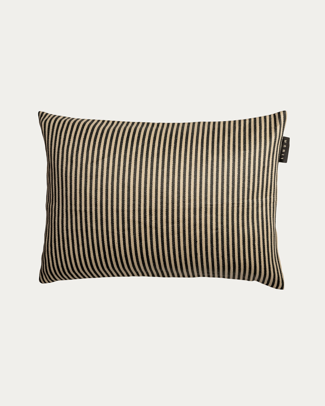 Product image dark charcoal grey CALCIO cushion cover with thin stripes of 77% linen and 23% cotton from LINUM DESIGN. Size 35x50 cm.